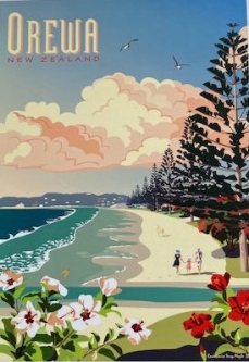 Retro Poster of Orewa by Rosie Louise and Terry Moyle