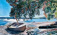 Dinghy Under Pohutukawa 2 by Jane Galloway