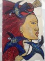 Wahine with tui by Robyn Kahukiwa