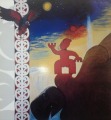 Figures with kea by Robyn Kahukiwa