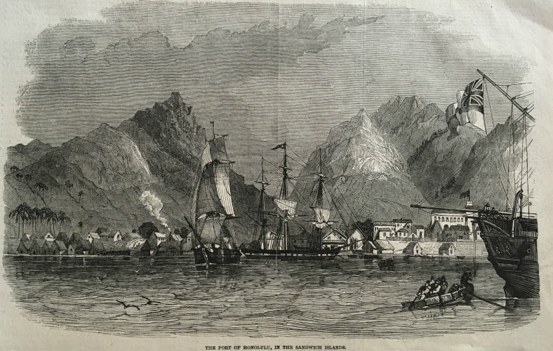 Wood engraving antique print of Honolulu for sale at NZ Fine Prints