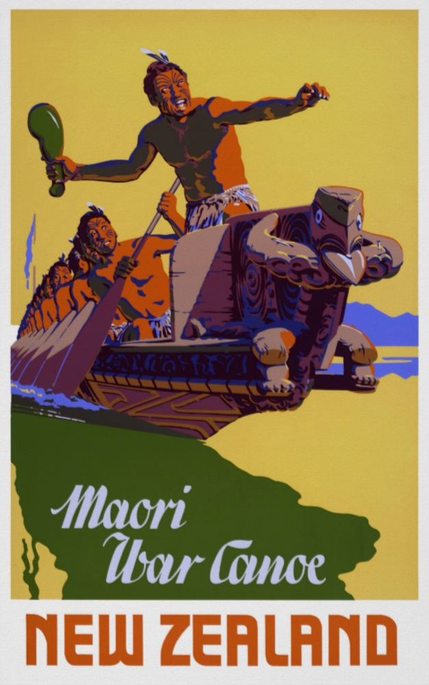 Maori War Canoe - Vintage NZ Travel Poster: New Zealand 