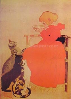 Girl & 3 Kittens Vintage Print by Theophile Steinlen