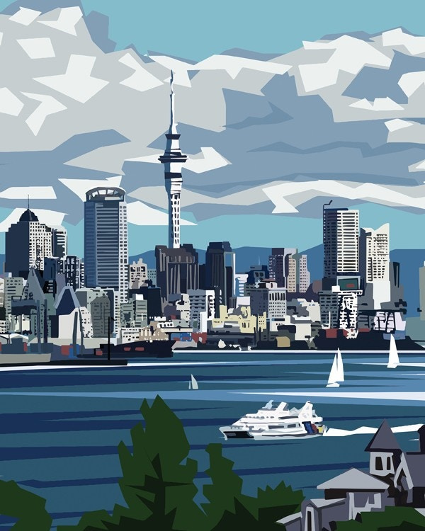 Canvas Print of Auckland City by NZ artist Ira Mitchell for sale at Aotearoa’s Wall Art experts