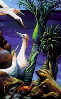 Tuatara, Nikau & Gulls by Carolyn Morgan