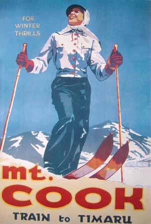 Mt Cook - For Winter Thrills Vintage Poster: New Zealand Fine Prints
